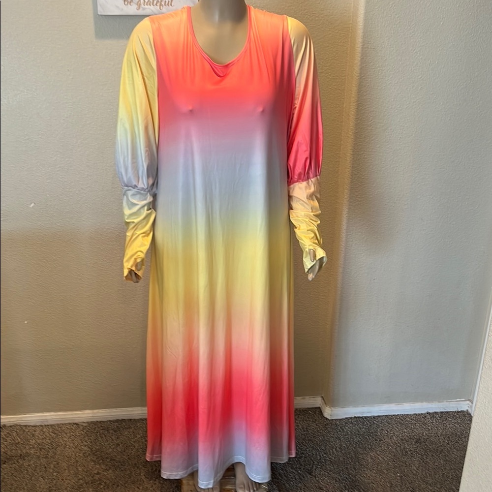 Pink and Yellow Long Sleeve Casual Dress